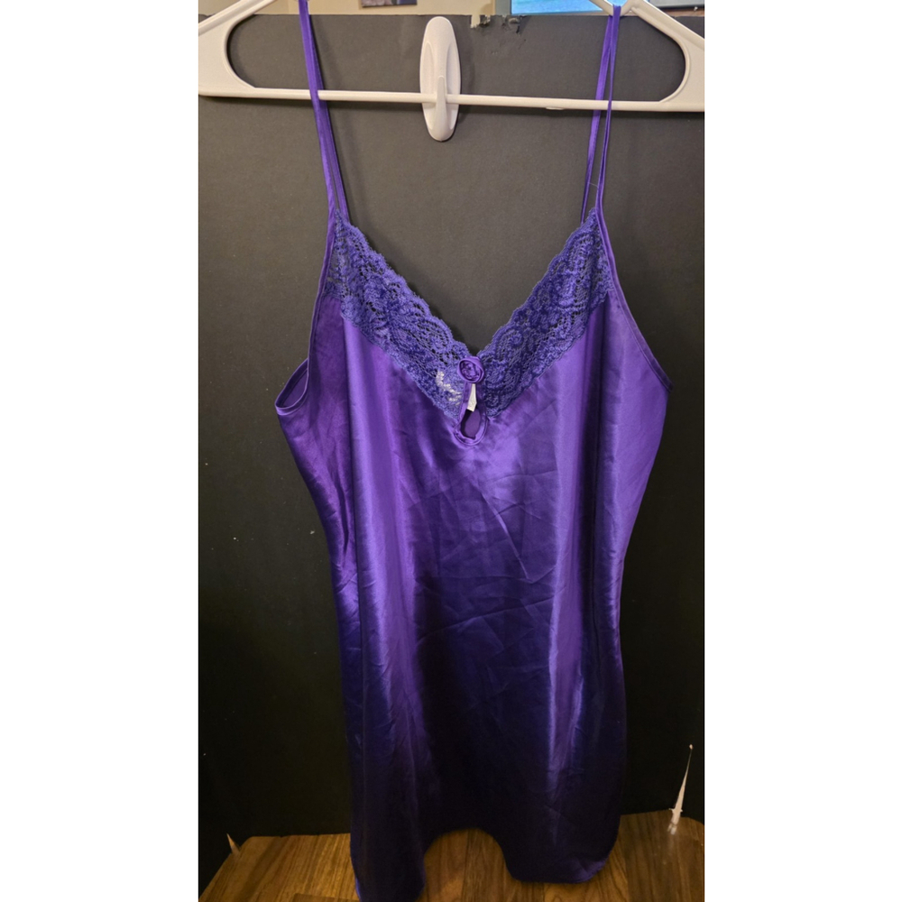Vintage 90s Secret Treasures Large Purple Satin Slip Dress Mini Sexy Lace Date